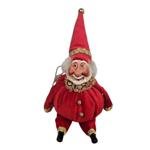 Vtg Santa Ornament Made in Italy Red Gold Plush Cloth Ceramic Christmas Bell 9